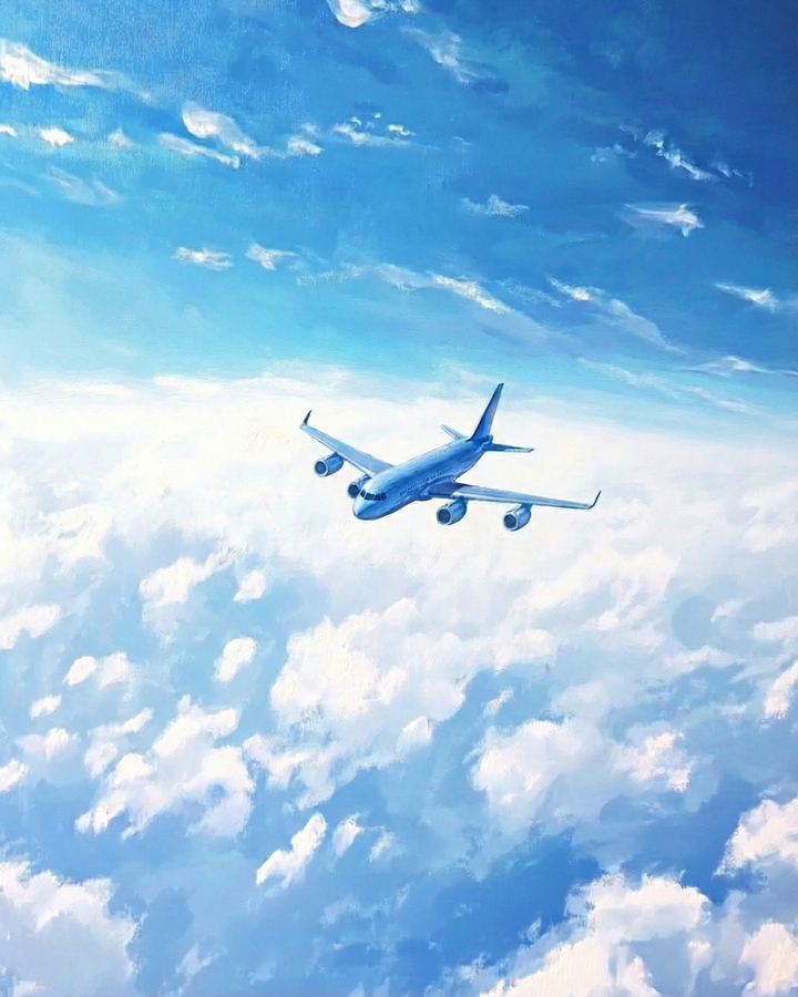 Painting of a commercial airplane soaring through a bright blue sky over fluffy white clouds with sunlight illuminating the serene atmosphere
