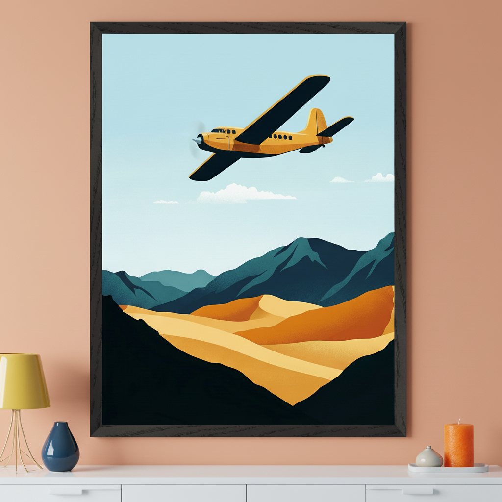 Modern room with a large, black-framed art print hanging above a white dresser. The artwork depicts a yellow propeller plane flying over blue mountains and orange sand dunes in a minimalist, illustrative style.