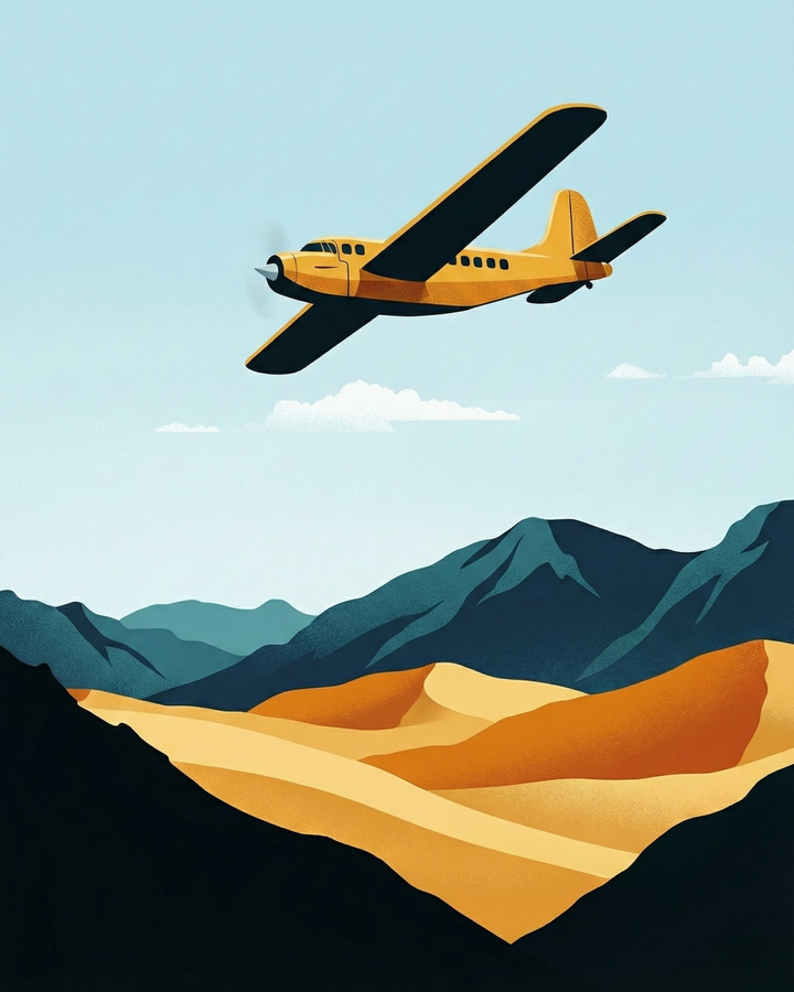 Retro-style artwork of a yellow propeller plane flying above a landscape of rolling golden sand dunes and dark blue mountain ridges under a pale sky
