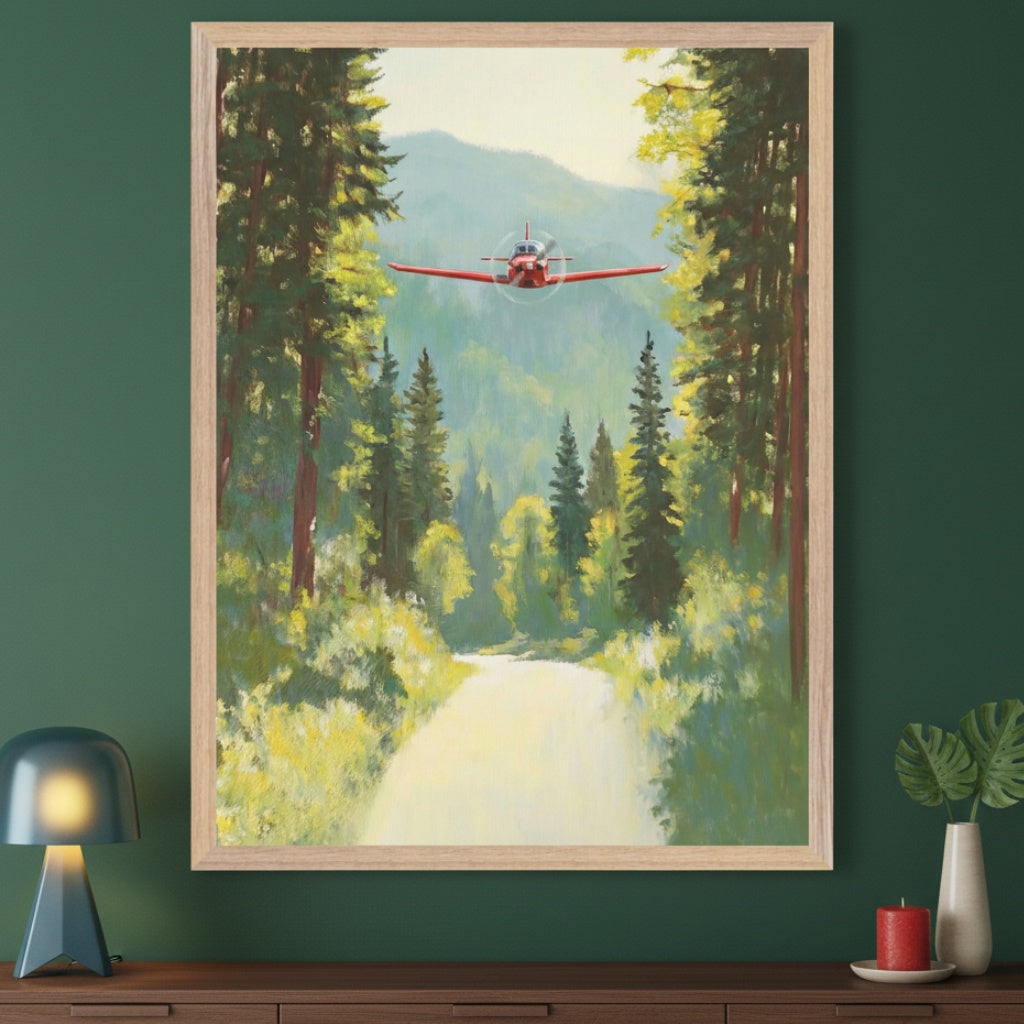 Modern room with a deep green wall and dark wooden dresser. A large framed painting of a red propeller plane flying over a winding forest road with mountains in the background hangs above the dresser.