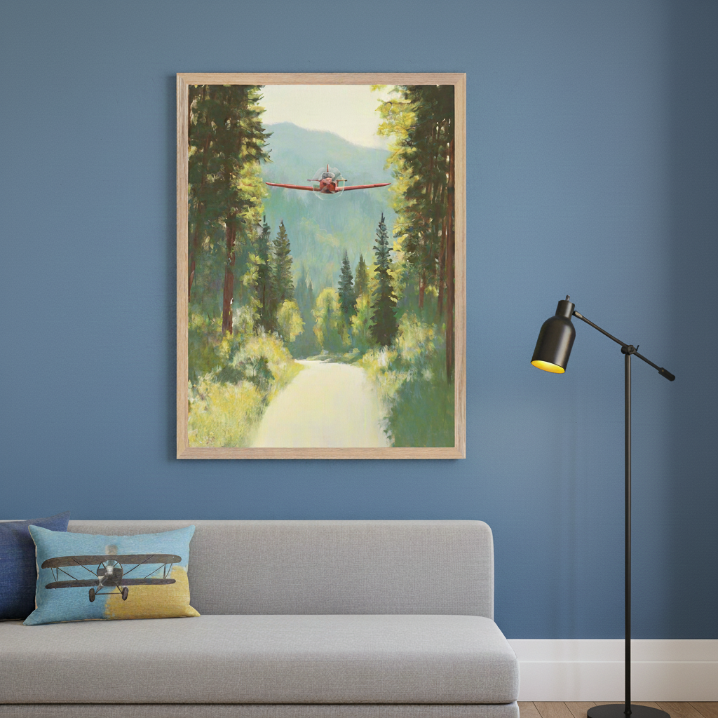 Modern living room with blue walls, a grey sofa, and a black floor lamp. Above the sofa hangs a large framed painting of a red plane flying low over a dirt road in a green forest. A decorative pillow with a biplane is on the sofa.