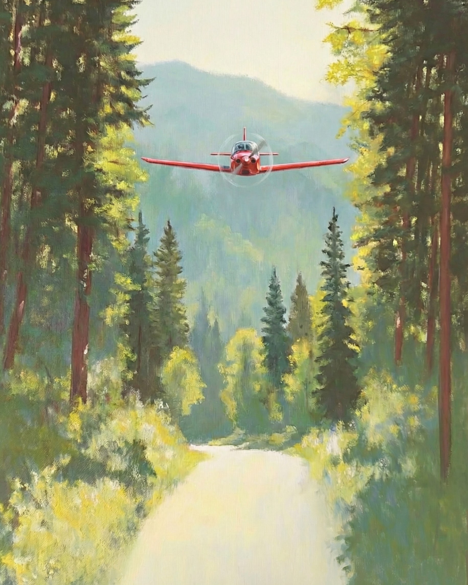 A vivid painting of a small red propeller plane flying low over a sunlit forest path surrounded by tall evergreen trees and distant blue-green mountains
