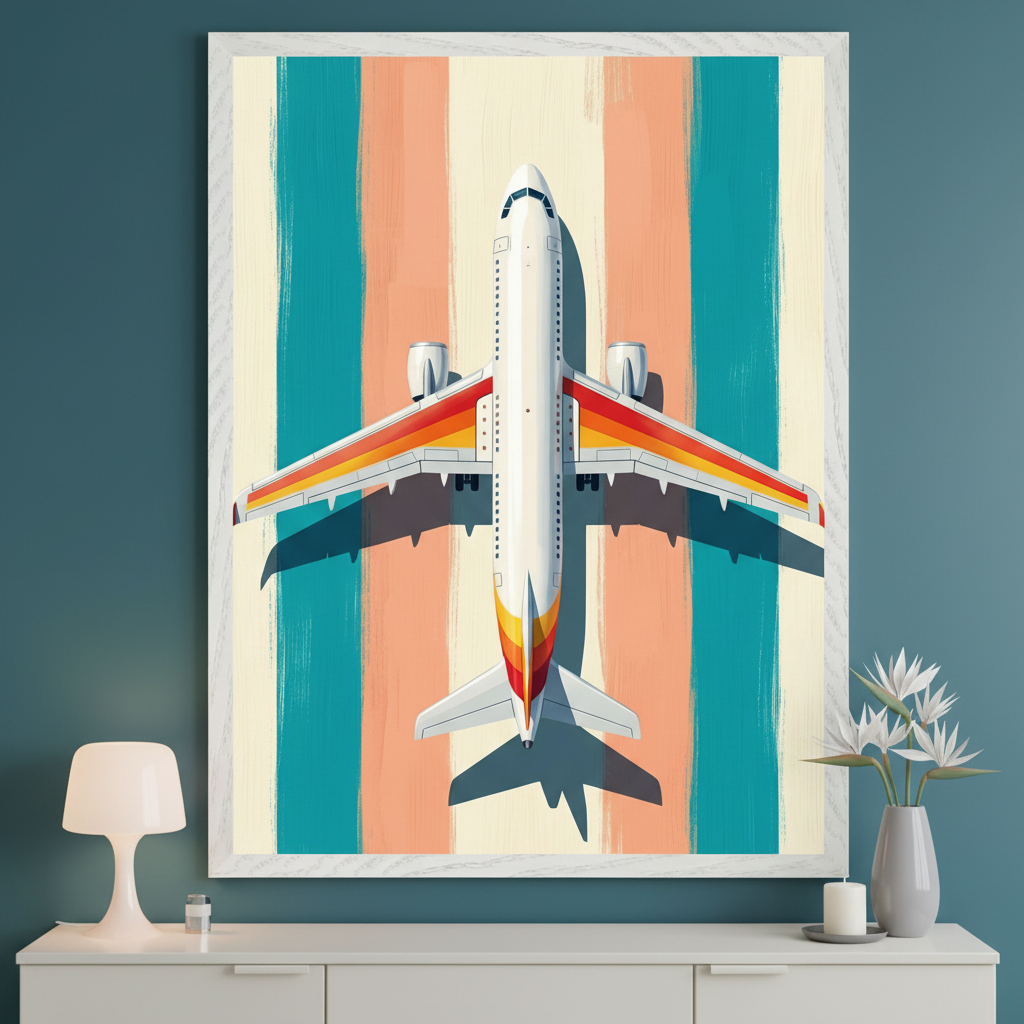 Modern room with a white dresser. A large framed print of an overhead white airplane with colorful wing stripes over a background of vertical teal, peach, and cream brushstrokes hangs above the dresser. A white lamp and vase with white flowers are on the dresser.