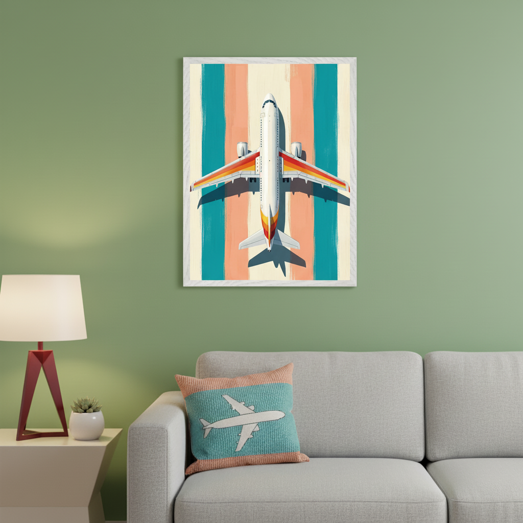 Modern living room with a light gray sofa. Framed art depicting a top-down view of an airplane against teal, peach, and cream vertical stripes hangs above the sofa. A pillow with an airplane silhouette rests on the sofa.