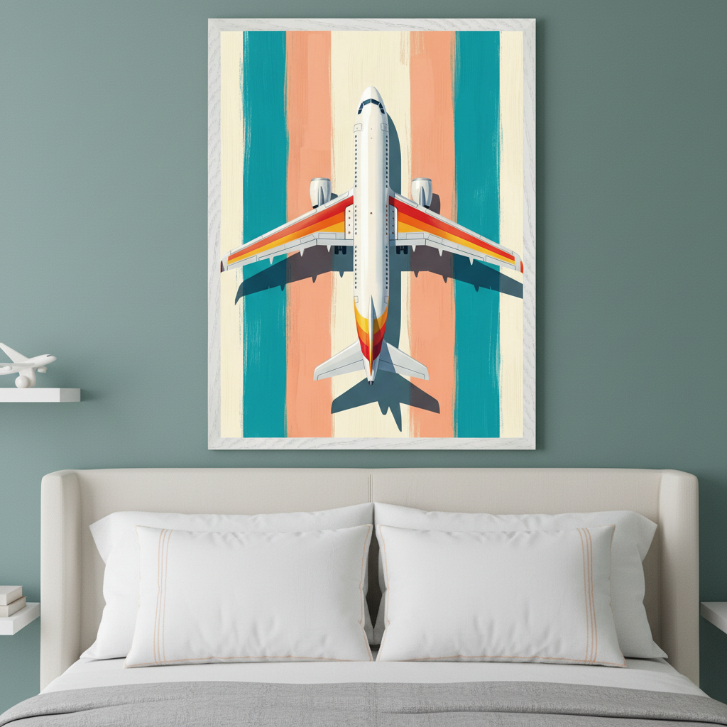 Modern bedroom with a light beige upholstered bed. A large framed print of an overhead view of a white airplane with colorful striped wings and tail, set against vertical off-white, orange, and teal stripes, hangs above the bed.