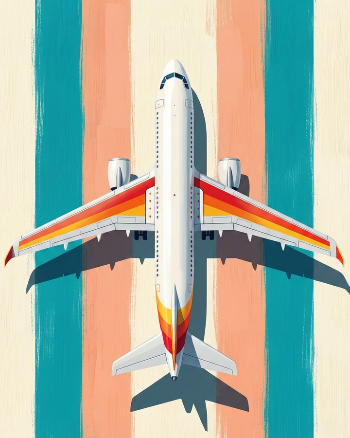 Top-down view of a white airplane with red, yellow, and orange stripes on its wings, placed against a bold vertical striped background of teal, peach, and cream
