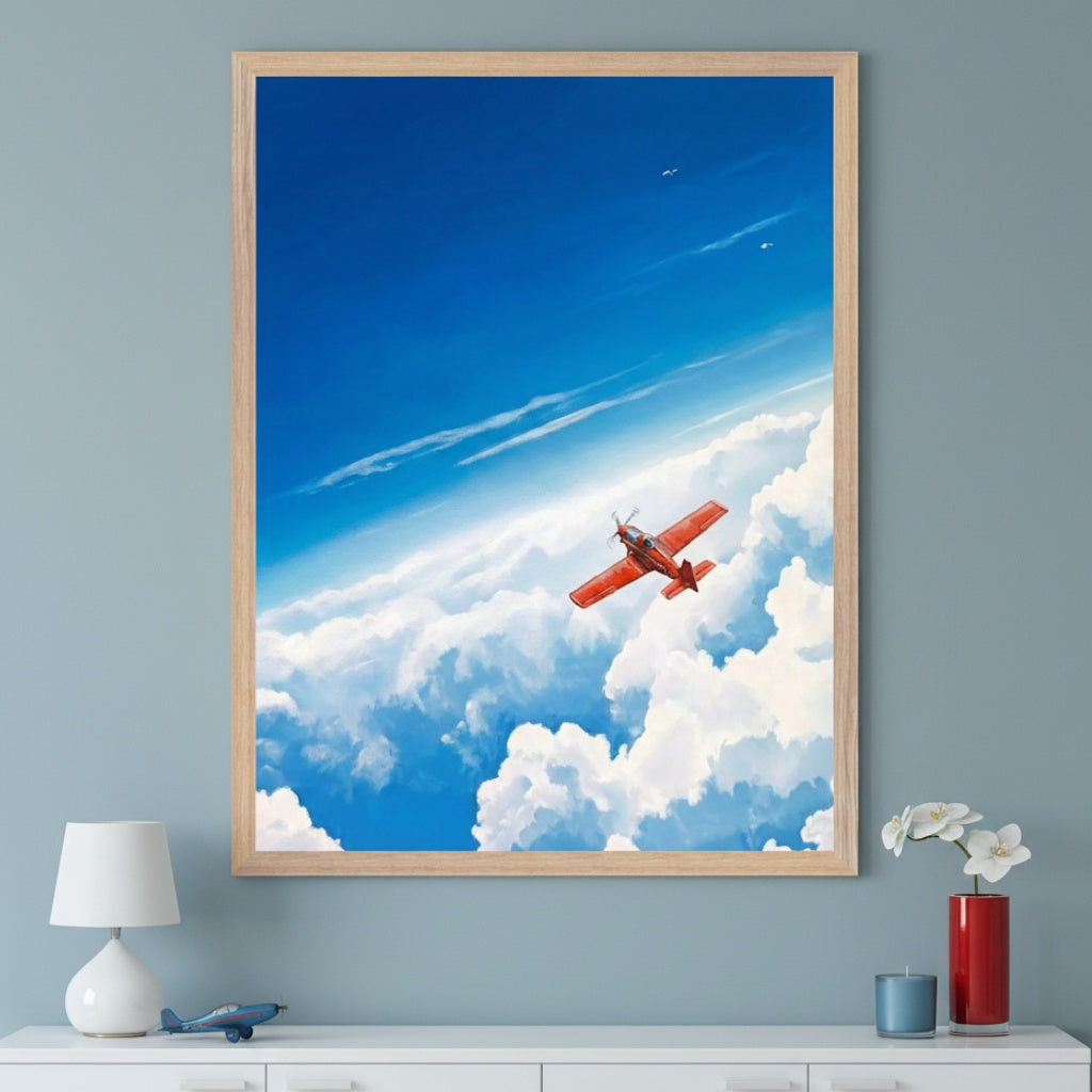 Modern room with a white console table. A large framed painting of a red propeller plane flying through a blue sky with white clouds hangs above the console table.