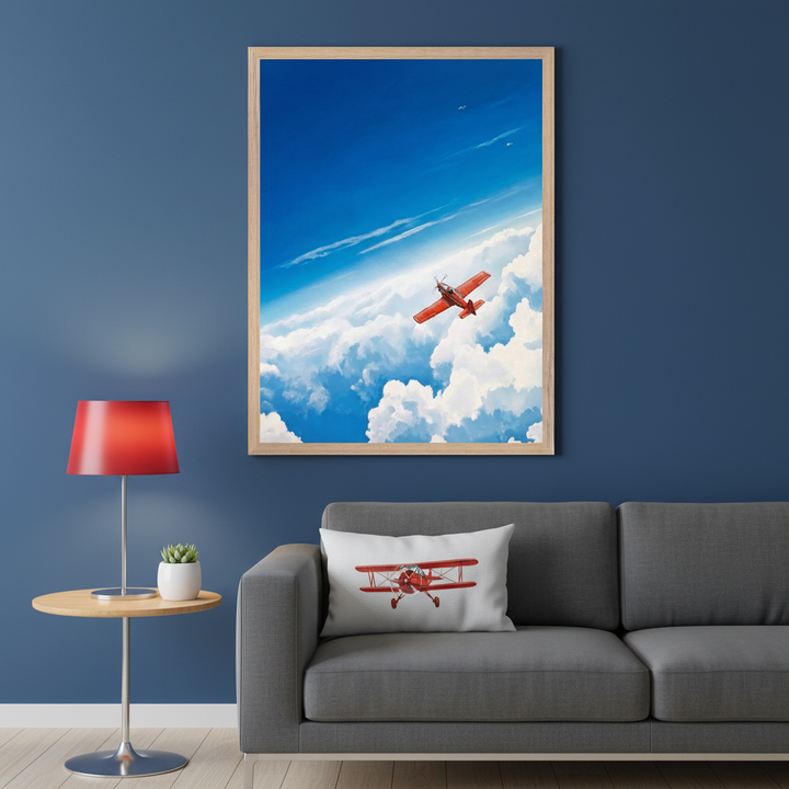 Modern living room with a dark blue wall. A gray sofa has a white pillow with a red biplane illustration. Above the sofa, a framed print shows a red biplane flying over clouds in a blue sky. A wooden side table with a red lamp and a small plant is on the left.