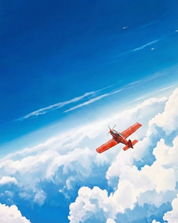 Bright red propeller aircraft soaring high above fluffy white clouds in a vivid blue sky with a few distant birds gliding in the background
