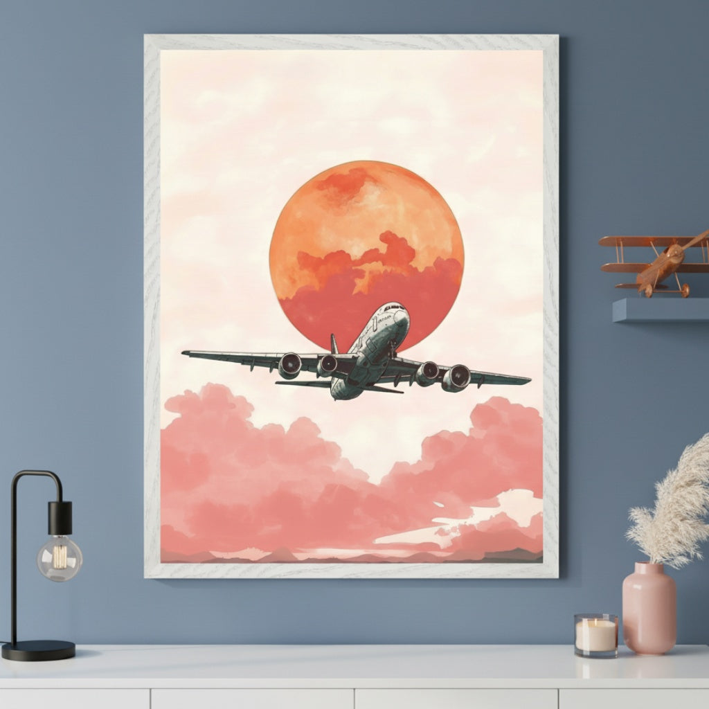 Modern living room with a white console table against a blue wall. A large framed illustration of a passenger airplane flying under a large orange moon and pink clouds hangs above the table.