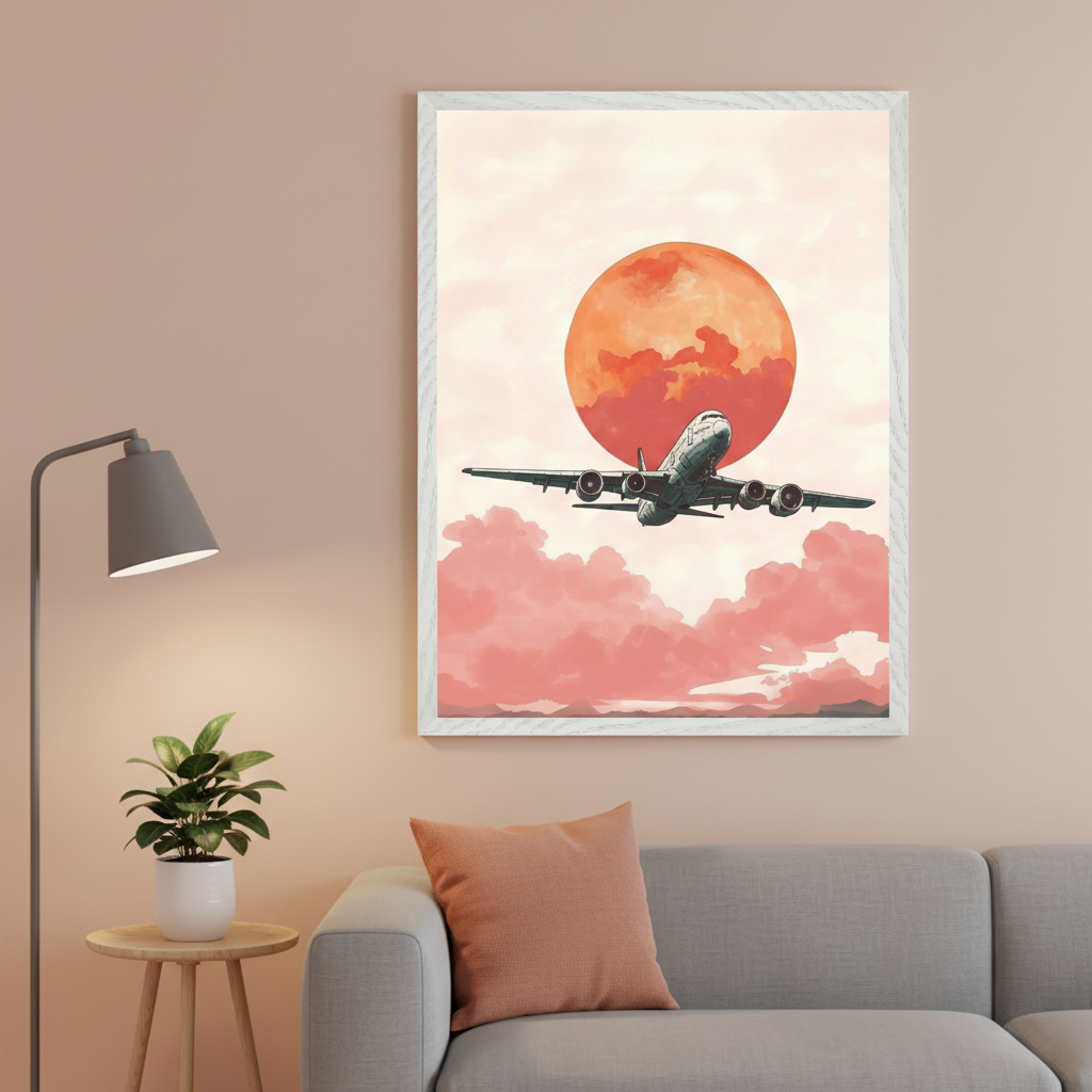 Living room with a gray sofa and a small wooden side table. A large framed print in an illustrative style, showing an airplane flying towards a large orange sun with pink clouds, is centered above the sofa.