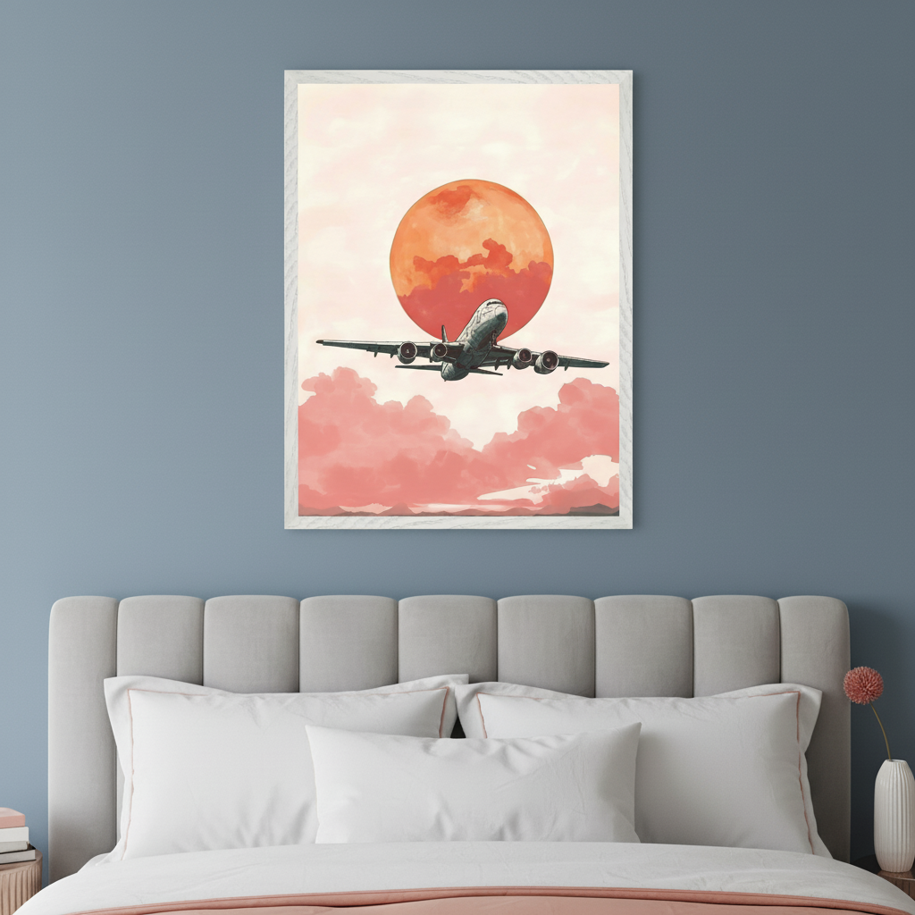 Modern bedroom with a gray upholstered bed. A framed artwork in an illustrative style, depicting a plane flying through orange clouds with a large orange sun/moon, hangs centered above the bed.