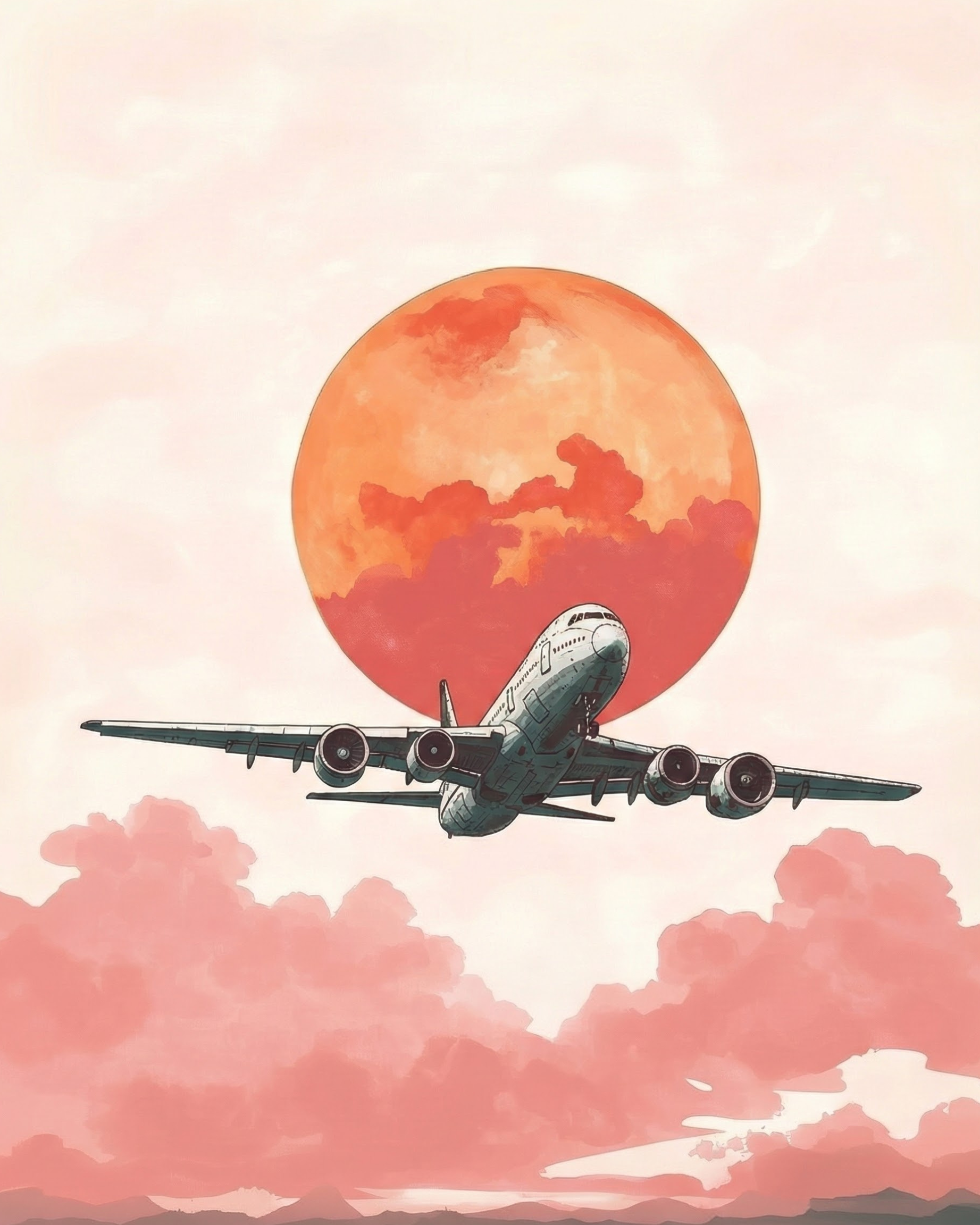 Dramatic painting of a jet soaring upward with a vivid orange sun and pink clouds in the background, capturing the energy of travel at sunset
