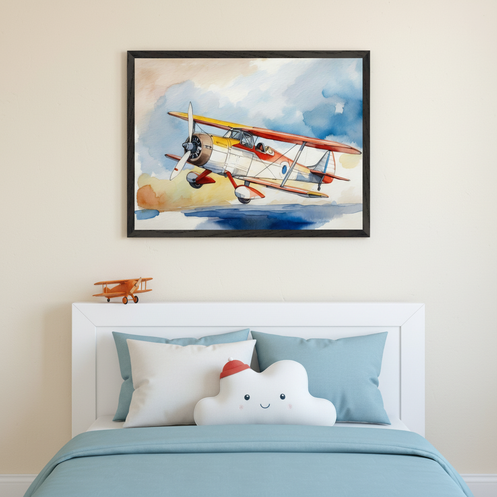 Kid's bedroom with a white headboard bed, blue bedding, and a cloud pillow. A framed watercolor painting of a red and yellow biplane flying in a cloudy sky hangs centered above the headboard. A small wooden toy airplane sits on the headboard.