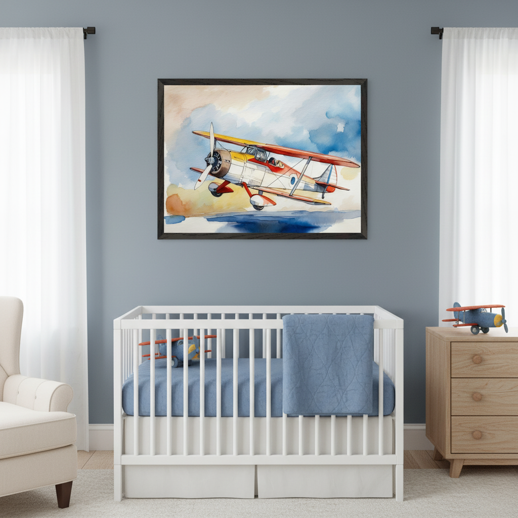 Modern nursery with a white crib, cream armchair, and light wood dresser. A large framed watercolor painting of a red and yellow biplane flying through clouds hangs centered above the crib.
