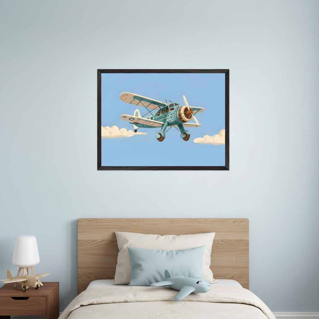 Kid's bedroom with a wooden bed and headboard, and a nightstand. A dark-framed print of a cartoon-style light blue biplane flying in a bright blue sky with white clouds hangs above the bed.