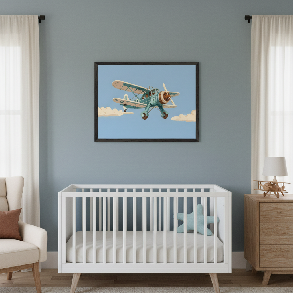 Modern nursery with a white crib, light wood dresser, and cream armchair. A large framed illustration of a blue biplane flying in a blue sky with clouds hangs centered above the crib.