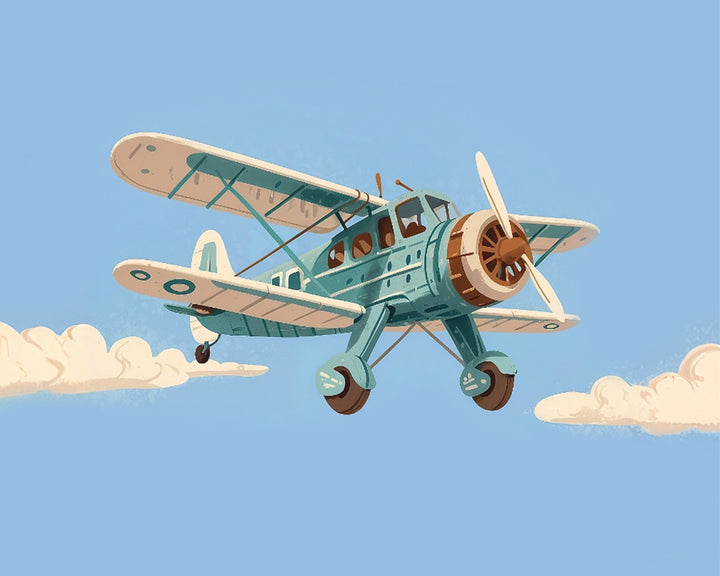 A vintage-style, teal biplane flies through a clear blue sky with a few fluffy clouds, featuring a wooden propeller and roundels on its wings.