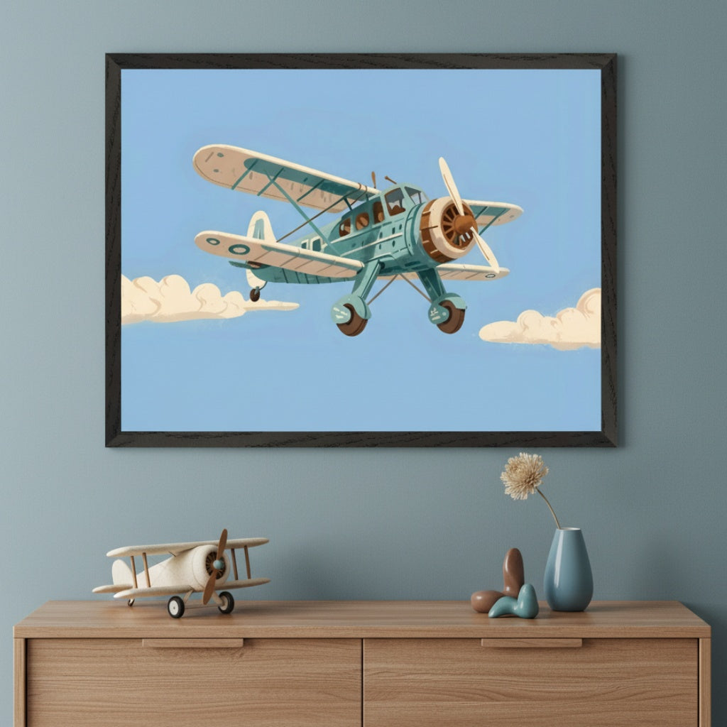 Modern kid's room with a light wood dresser. A large framed illustration of a light blue biplane flying in a blue sky with clouds hangs centered above the dresser. A small wooden biplane toy and decorative objects are on the dresser.