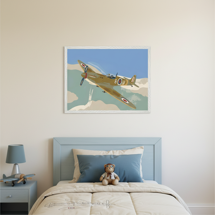 Kid's bedroom with a light blue bed and nightstand. Above the bed, a framed illustration shows a brown Spitfire airplane flying in a blue sky with stylized clouds. A teddy bear with aviator goggles is on the bed, a toy plane on the nightstand.