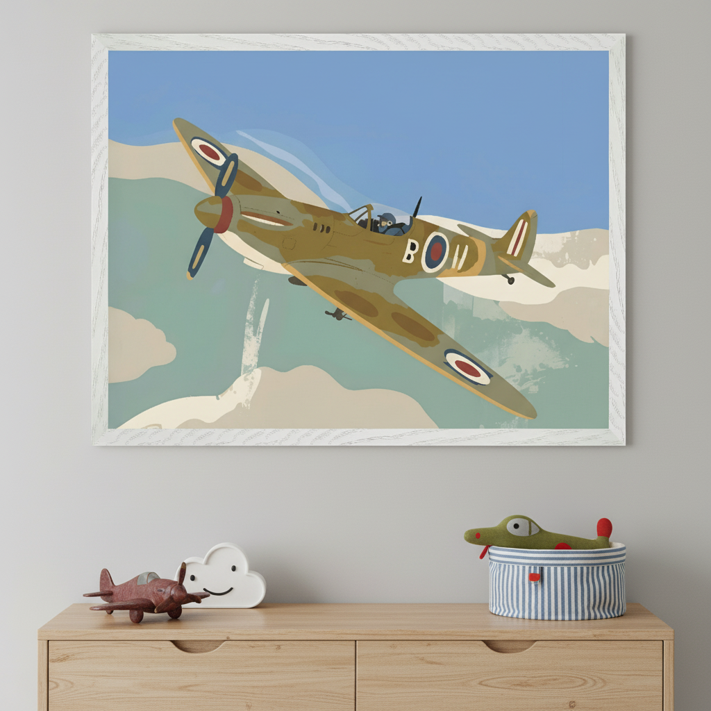 Kid's bedroom with a light wood dresser. A large white-framed illustration of an olive-green vintage airplane flying against a blue sky with stylized clouds hangs above the dresser. On the dresser are a wooden plane toy, a cloud decoration, and a striped basket with an alligator toy.