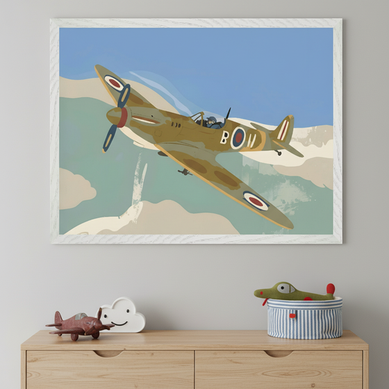Kid's bedroom with a light wood dresser. A large white-framed illustration of an olive-green vintage airplane flying against a blue sky with stylized clouds hangs above the dresser. On the dresser are a wooden plane toy, a cloud decoration, and a striped basket with an alligator toy.