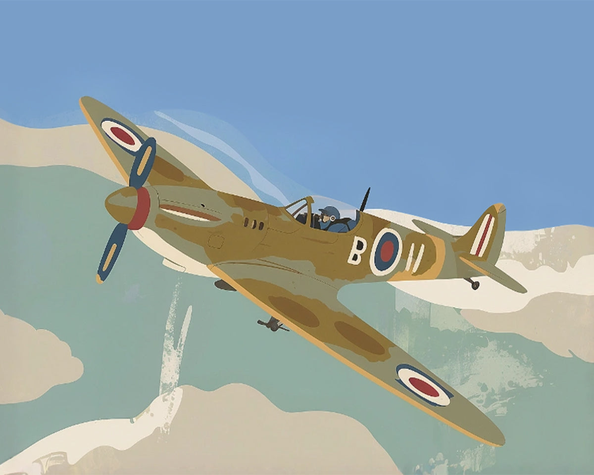 A vintage-style illustration of a World War II fighter plane, resembling a Spitfire, flying through a clear blue sky with scattered clouds. The aircraft is painted in camouflage colors with distinctive roundels on the wings and fuselage. A pilot is visible in the open cockpit, and the plane's propeller is in motion.