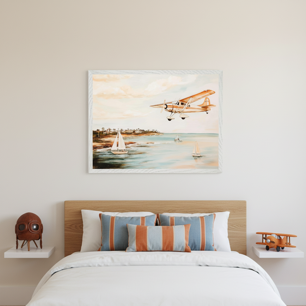 Kid's bedroom with a bed, wooden headboard, and striped pillows. A white-framed painting of a vintage airplane flying over a coastal scene with sailboats hangs above the bed. Side shelves hold a pilot's helmet and a wooden toy plane.