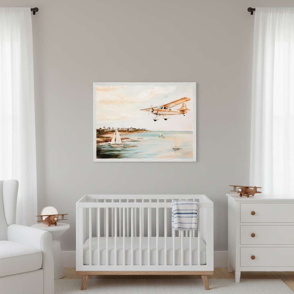 Modern nursery with white crib, dresser, and armchair. A large framed watercolor-style print of a golden airplane flying over a calm ocean with sailboats and a tropical coastline hangs above the crib.