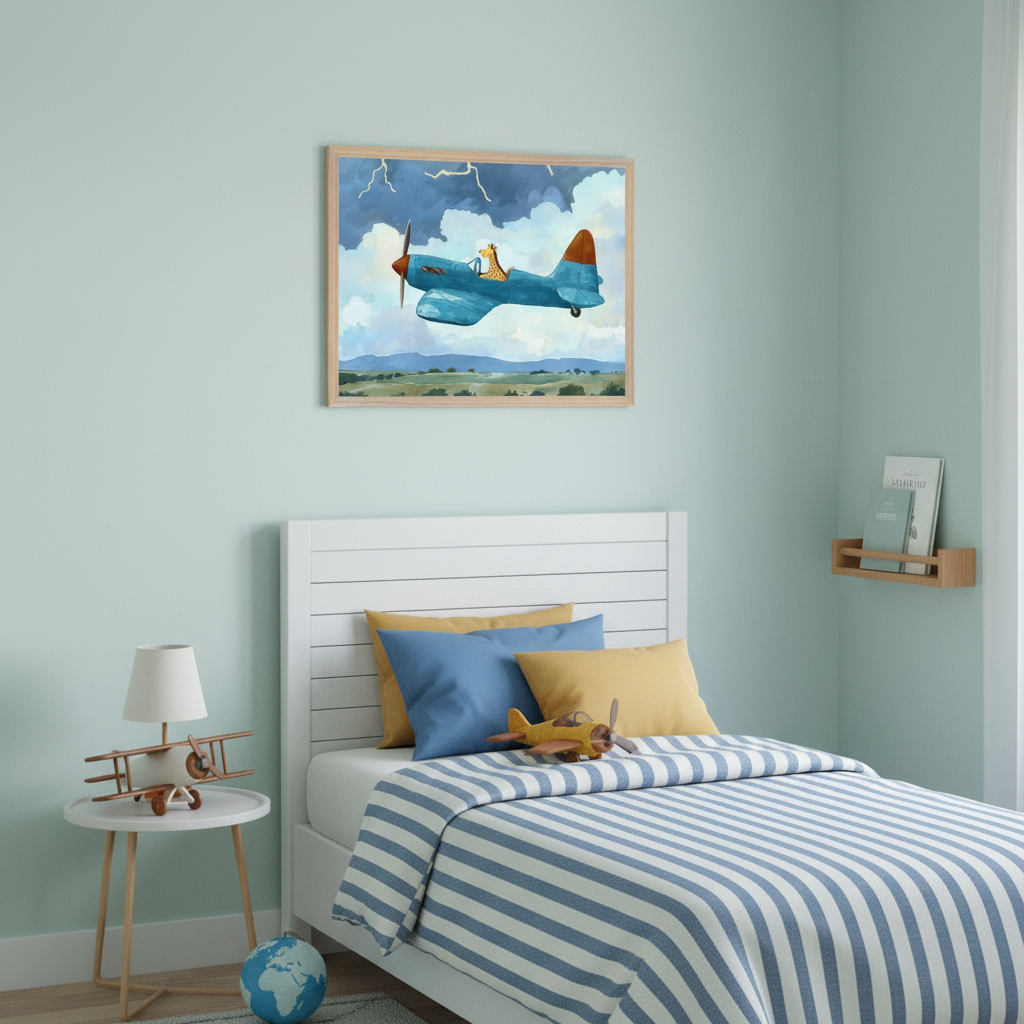 Kid's bedroom with a white bed and striped blue and white bedding. Above the bed, a framed illustration shows a giraffe piloting a blue airplane over green hills under stormy skies with lightning. A small side table with a lamp and a wooden airplane toy is next to the bed. A wooden shelf with books is on the right wall.
