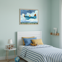 Kid's bedroom with a white bed and striped blue and white bedding. Above the bed, a framed illustration shows a giraffe piloting a blue airplane over green hills under stormy skies with lightning. A small side table with a lamp and a wooden airplane toy is next to the bed. A wooden shelf with books is on the right wall.
