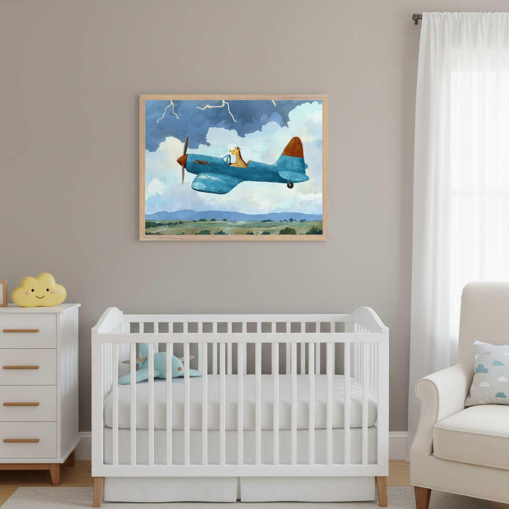 Modern nursery with a white crib and matching dresser. A light wood-framed print of a blue plane piloted by a giraffe, flying through stormy clouds over green hills, hangs centered above the crib. A cream armchair is on the right.