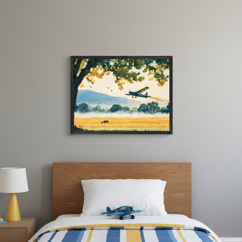 Kid's bedroom with a wooden headboard, bed, and nightstand. A yellow lamp is on the nightstand. A blue toy airplane rests on the white pillow. Above the bed, a framed watercolor painting depicts a rural scene: a yellow field with two cows, green trees, misty blue hills, and a biplane flying with red smoke, framed by a large tree branch.