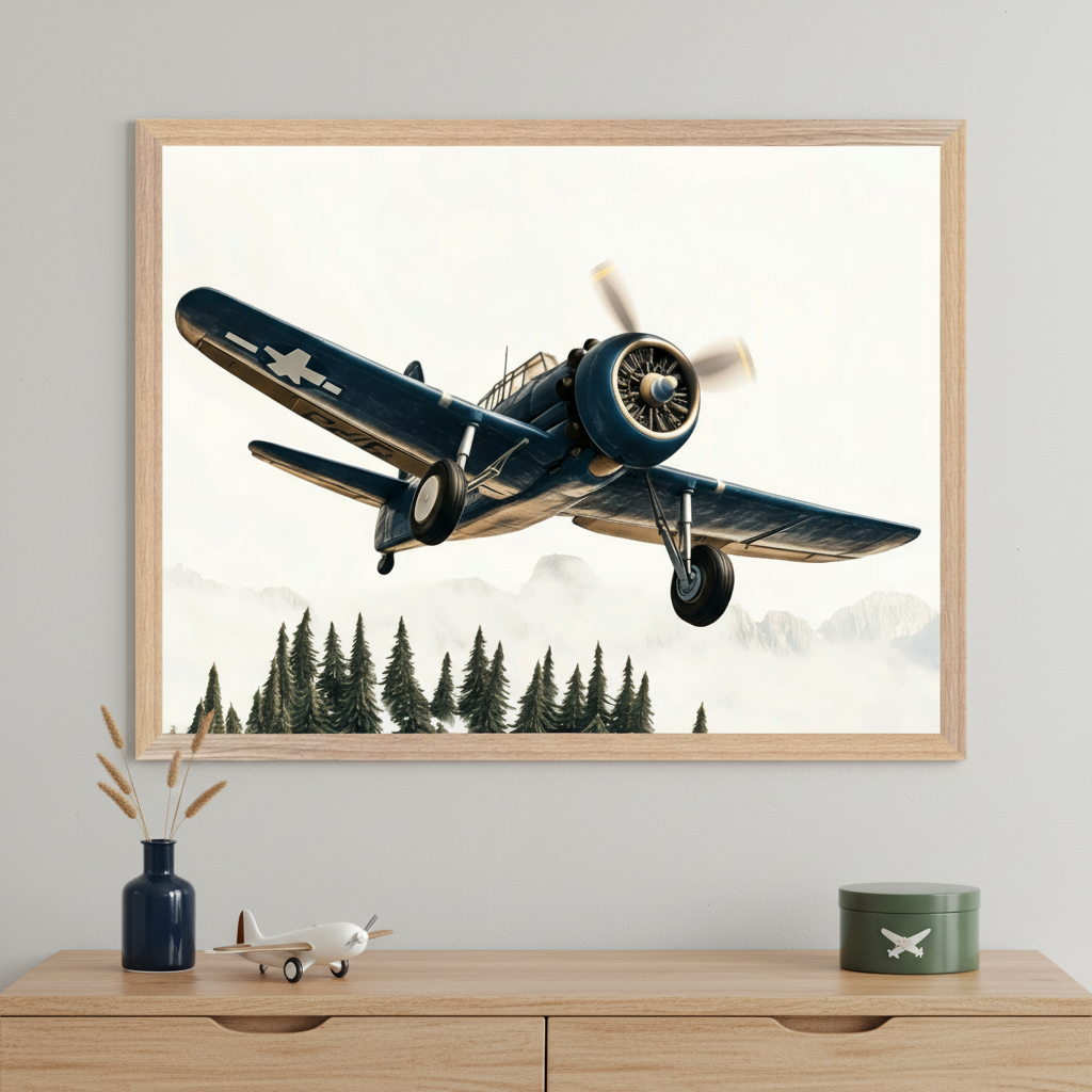 Airplane Wall Art for Nursery, Playroom or Kids Bedrooms - Vintage Navy Aircraft Soaring Over Mountain Pines Decor - Cloud Piercer