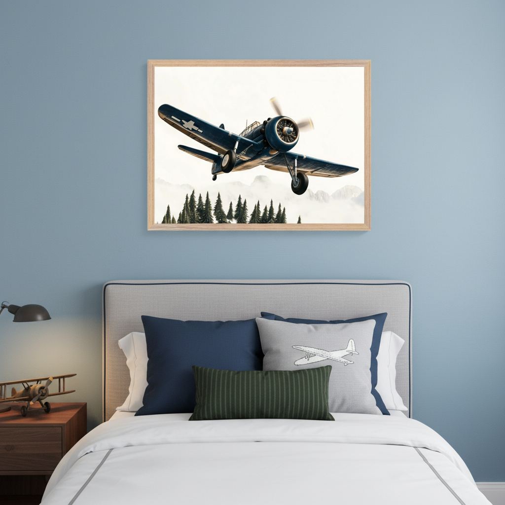 Modern kid's bedroom with a bed featuring a gray upholstered headboard. A large framed print of a vintage blue propeller airplane flying over a forest and misty mountains hangs above the bed on a blue wall. A nightstand with a lamp and airplane model is to the left.