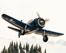 A dark blue WWII-era aircraft with a spinning propeller is flying low above evergreen trees, with snowy mountain peaks barely visible through the foggy sky.