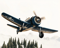 A dark blue WWII-era aircraft with a spinning propeller is flying low above evergreen trees, with snowy mountain peaks barely visible through the foggy sky.
