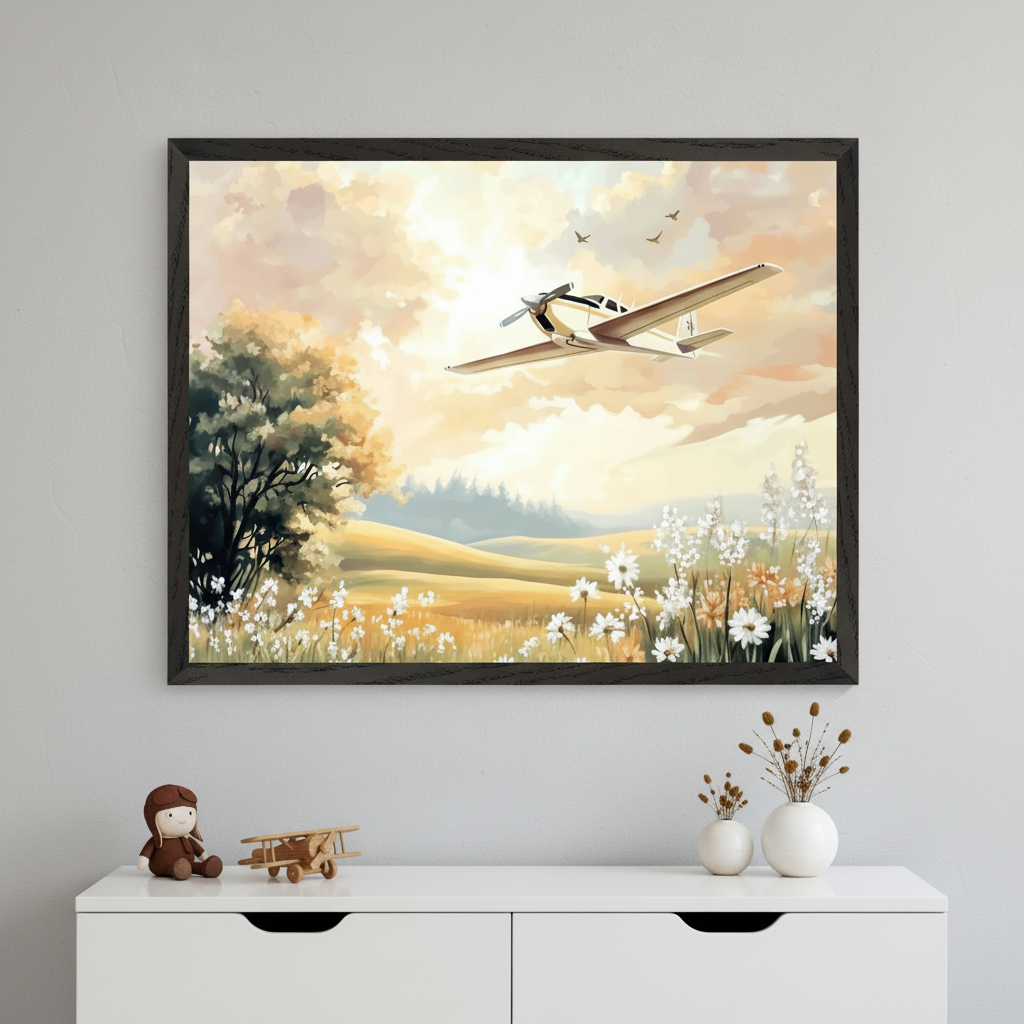 Modern kid's room with a white dresser. A large framed impressionistic painting of a white and gold propeller plane soaring over a golden field of white and orange wildflowers at sunset hangs above the dresser. A pilot doll, wooden toy plane, and vases are on the dresser.