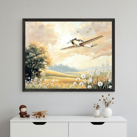 Modern kid's room with a white dresser. A large framed impressionistic painting of a white and gold propeller plane soaring over a golden field of white and orange wildflowers at sunset hangs above the dresser. A pilot doll, wooden toy plane, and vases are on the dresser.