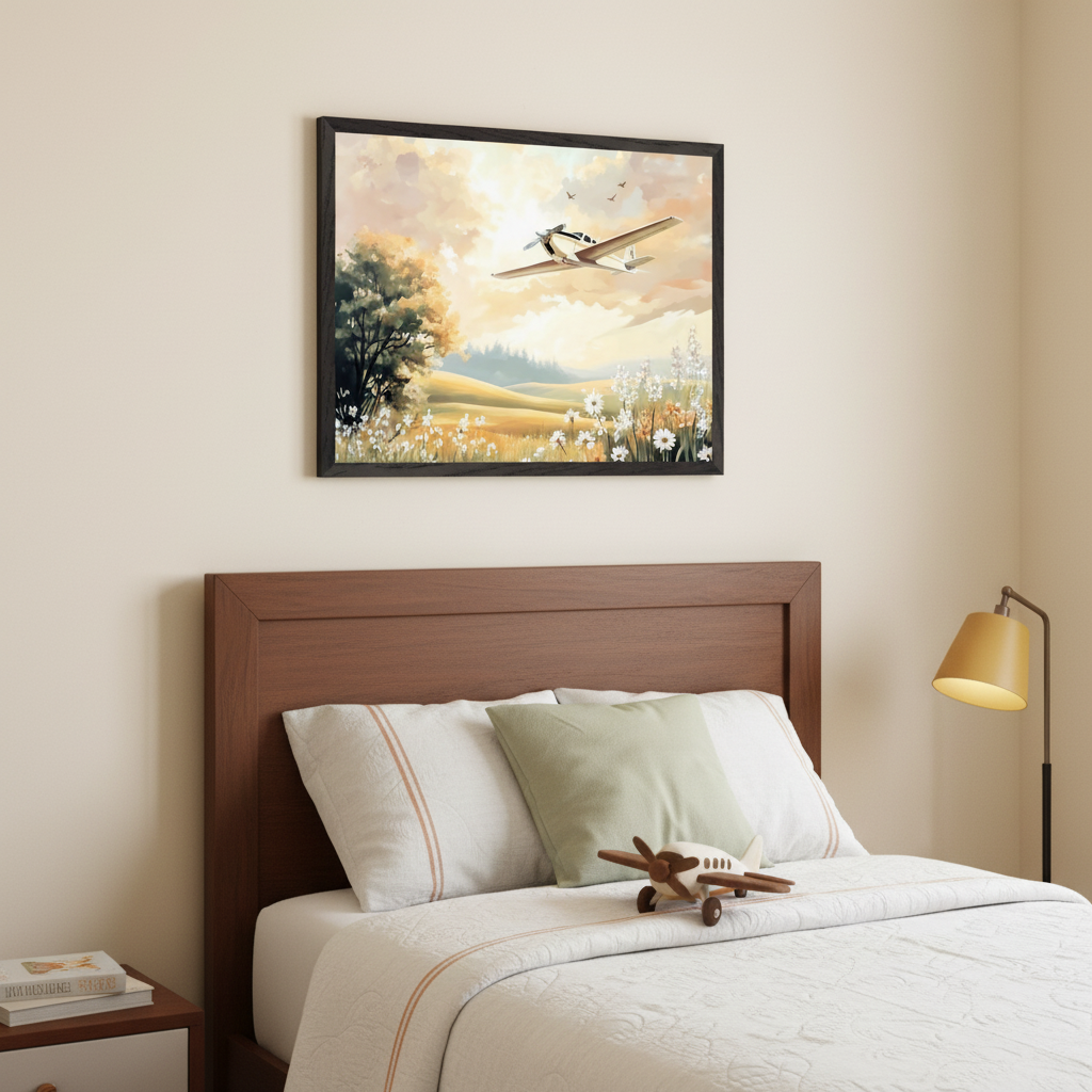 Warm-toned bedroom with a wooden bed and headboard. A framed painting of a small plane flying over a field of wildflowers with trees and hills under a cloudy, sunny sky hangs centered above the bed. A wooden toy plane is on the duvet, and a floor lamp is to the right.
