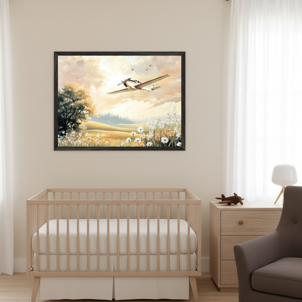 Modern nursery with a light wood crib, dresser, and gray armchair. A large framed painting of a propeller airplane flying over a field of white and orange flowers, green hills, and a bright sky hangs centered above the crib.
