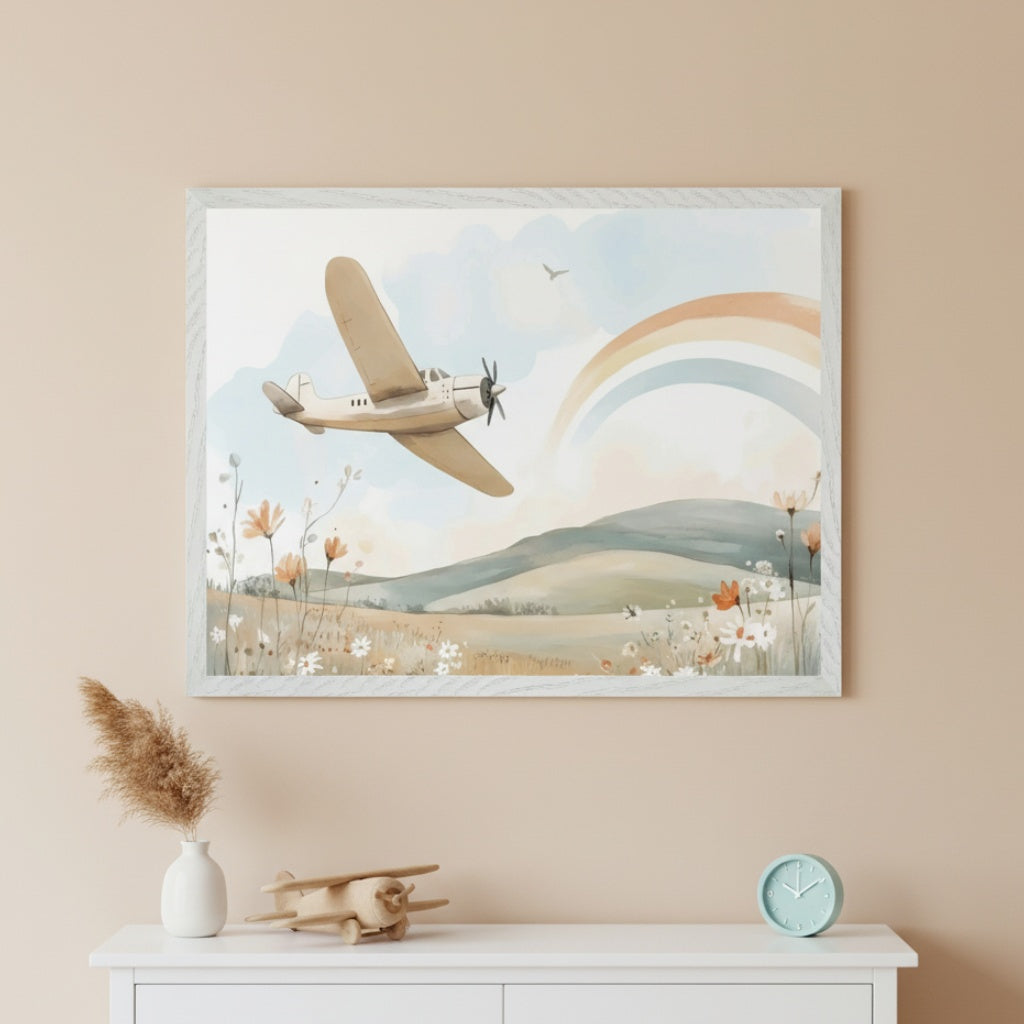 Airplane Wall Art for Nursery, Playroom or Kids Bedrooms - Vintage Plane Flying Over Floral Field with Rainbow Decor - Rainbow Glide