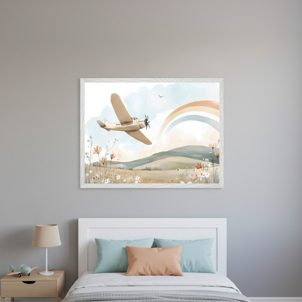 Kid's bedroom with a white bed and a light wood nightstand. A large framed watercolor painting of a beige airplane flying over a flowery landscape with a rainbow hangs above the bed.