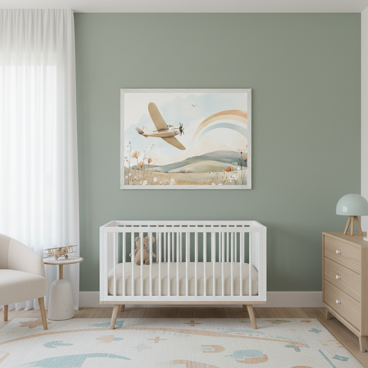 Modern nursery with a white crib, light wood dresser, and cream armchair. A large framed watercolor print depicting a beige airplane flying over a field with a rainbow hangs above the crib.