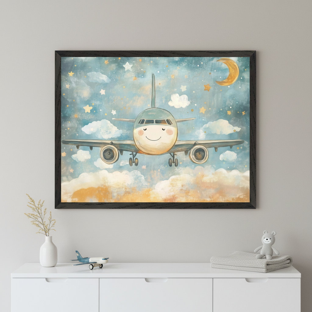 Modern kid's room with a white dresser. A large framed whimsical painting of a happy cartoon airplane flying through a blue sky with clouds, stars, and a crescent moon hangs centered above the dresser.