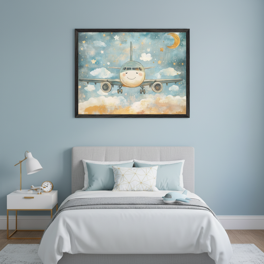 Kid's bedroom with a gray upholstered bed and white nightstand. A large framed print of a smiling cartoon airplane flying among clouds, stars, and a crescent moon hangs above the bed.