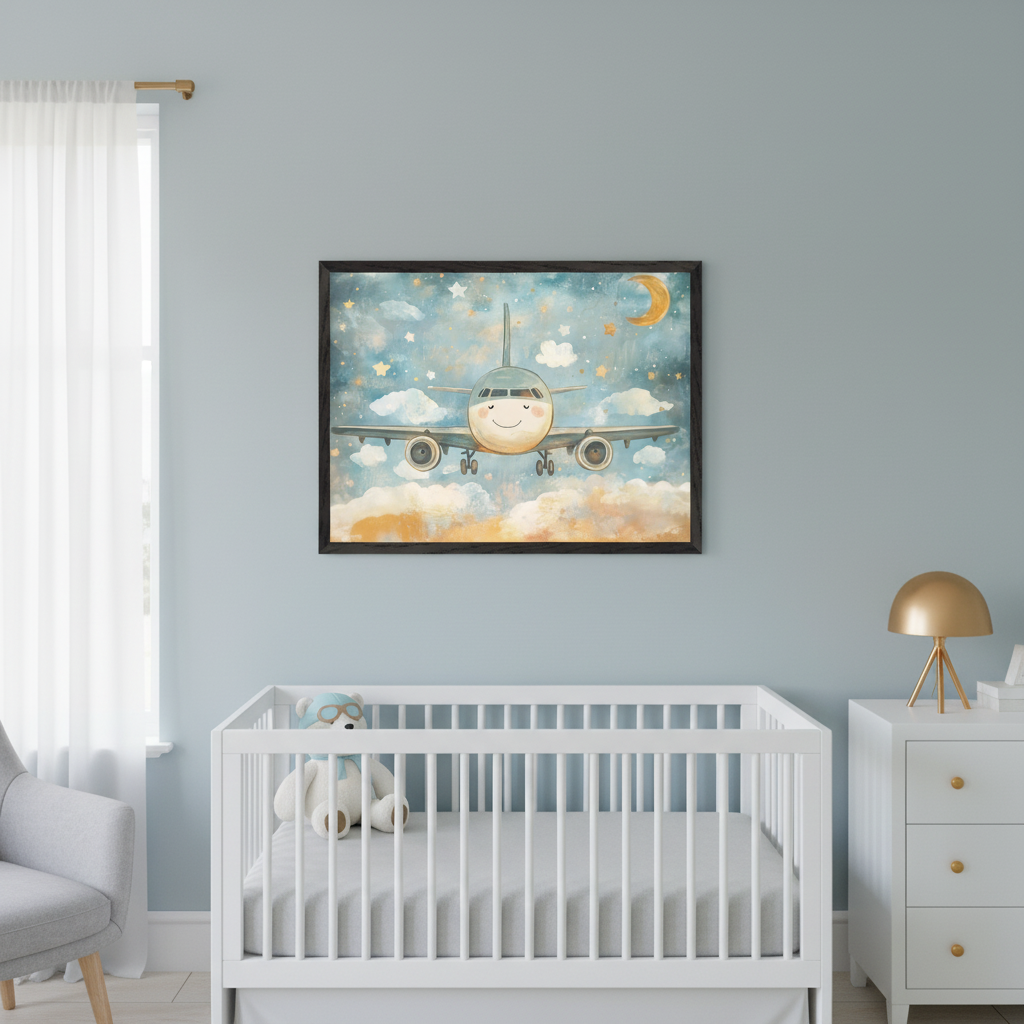 Modern nursery with light blue walls. A large framed watercolor print of a smiling cartoon airplane flying through a starry, cloudy sky hangs above a white crib. A white dresser and gray armchair are also visible.