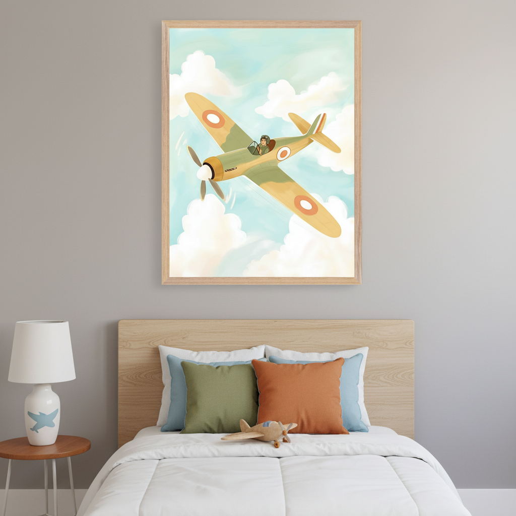Kid's bedroom with a wooden bed and nightstand. A large framed illustration of a vintage propeller airplane with a pilot flying through clouds hangs above the bed. Airplane-themed decor includes a lamp and toy plane.