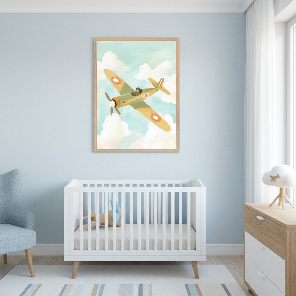 Modern nursery with light blue walls and a white crib. A framed illustration of a vintage-style airplane flying through clouds hangs above the crib. A light blue armchair is to the left, and a wooden dresser is to the right.