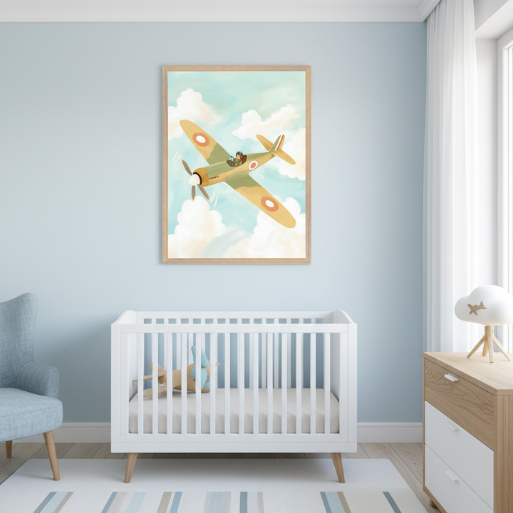 Modern nursery with light blue walls and a white crib. A framed illustration of a vintage-style airplane flying through clouds hangs above the crib. A light blue armchair is to the left, and a wooden dresser is to the right.